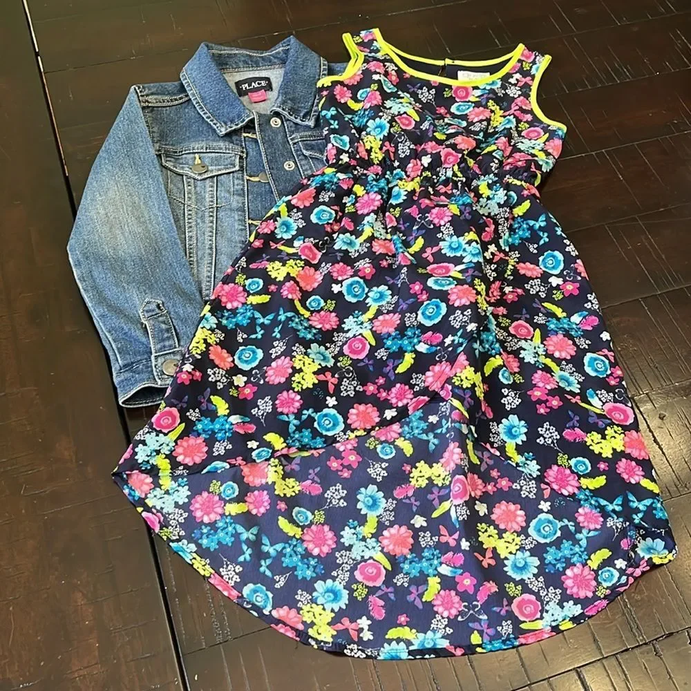 Girl's clothes bundle dresses and denim jacket Sz 4, XS(5) floral